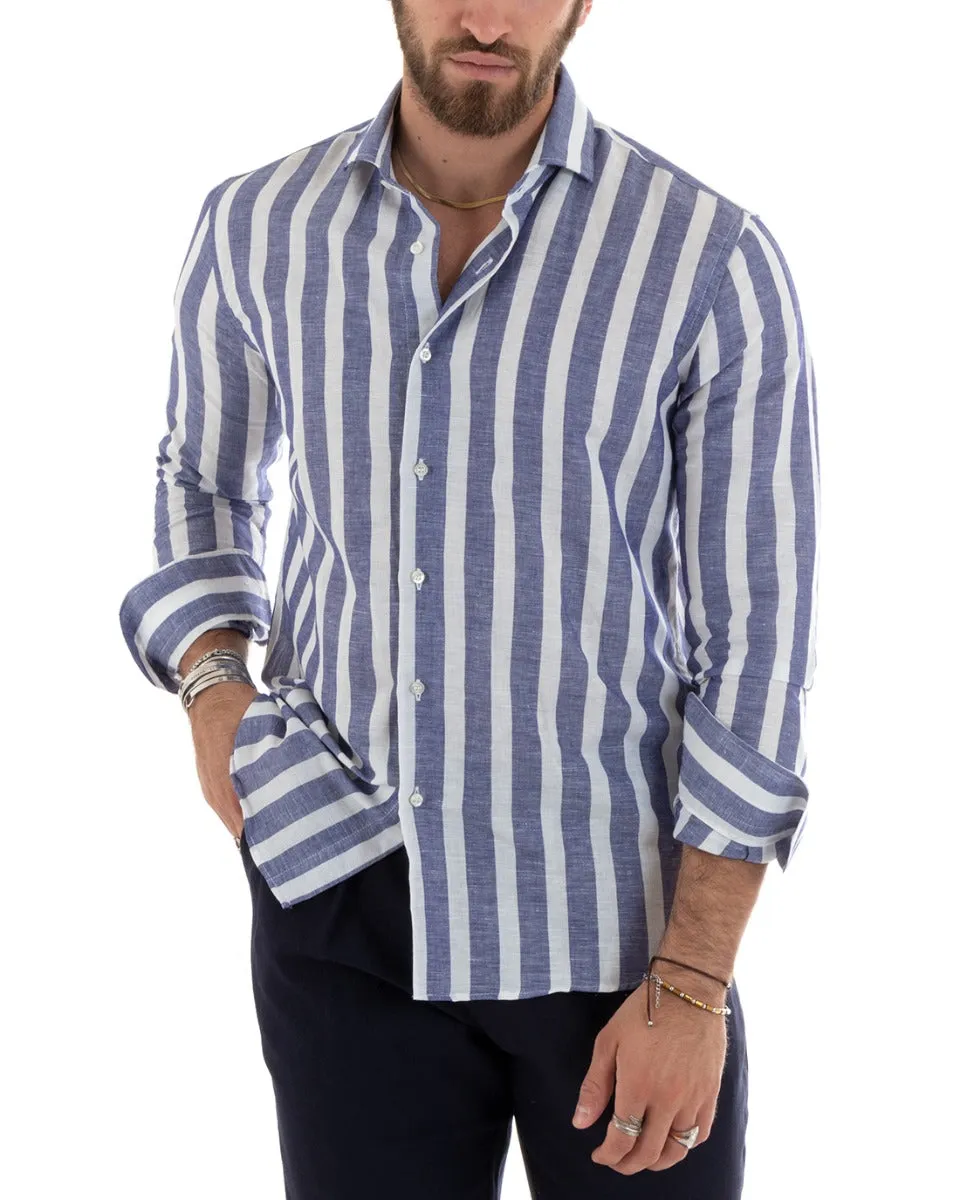 Camicia Uomo Con Colletto Francese Sartoriale Manica Lunga Lino Rigata Blu GIOSAL-C2687A